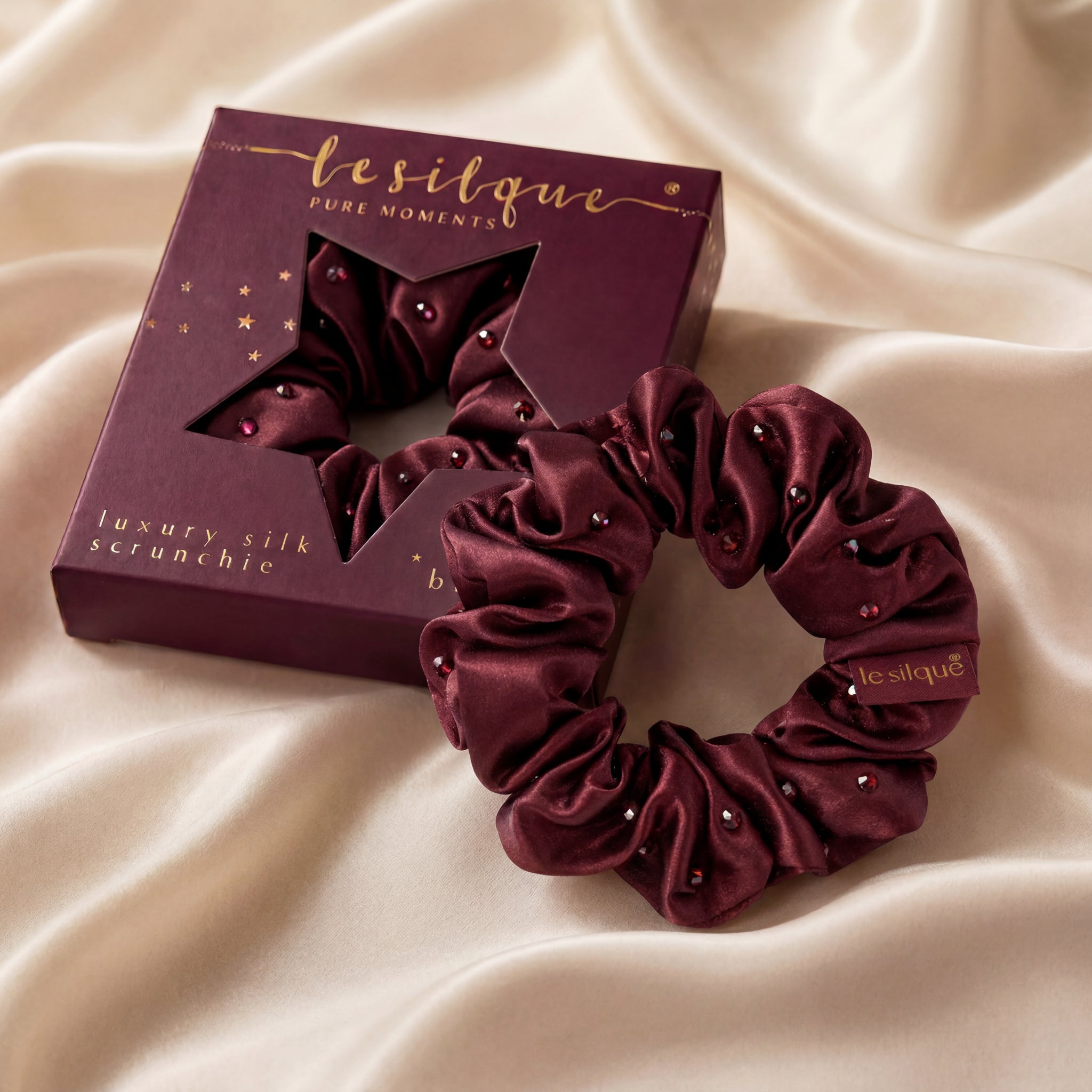 Gumka do włosów z jedwabiu z kryształkami BURGUNDY | LE SILQUE
