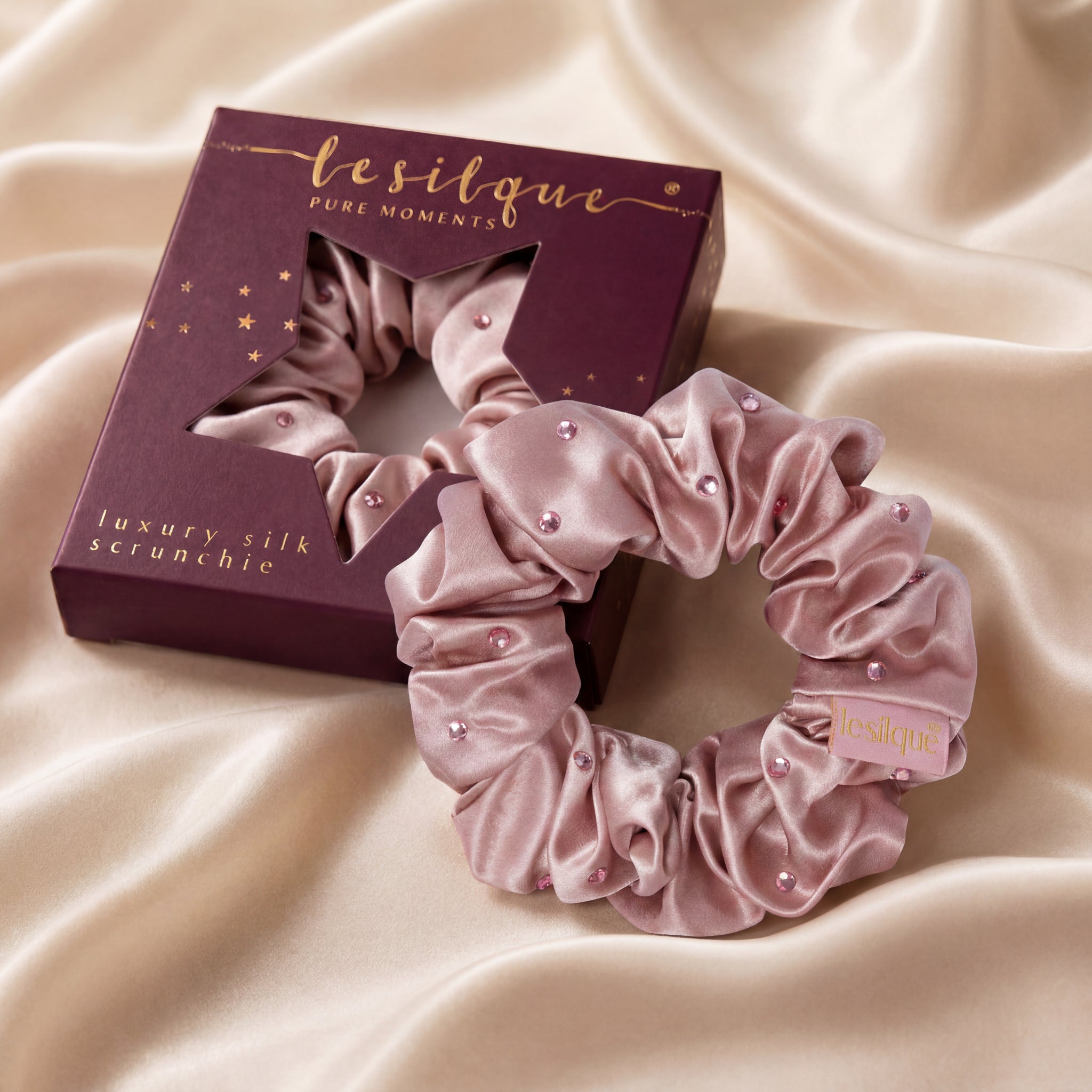Silk Hair Scrunchie with SUGAR PINK Crystals | LE SILQUE
