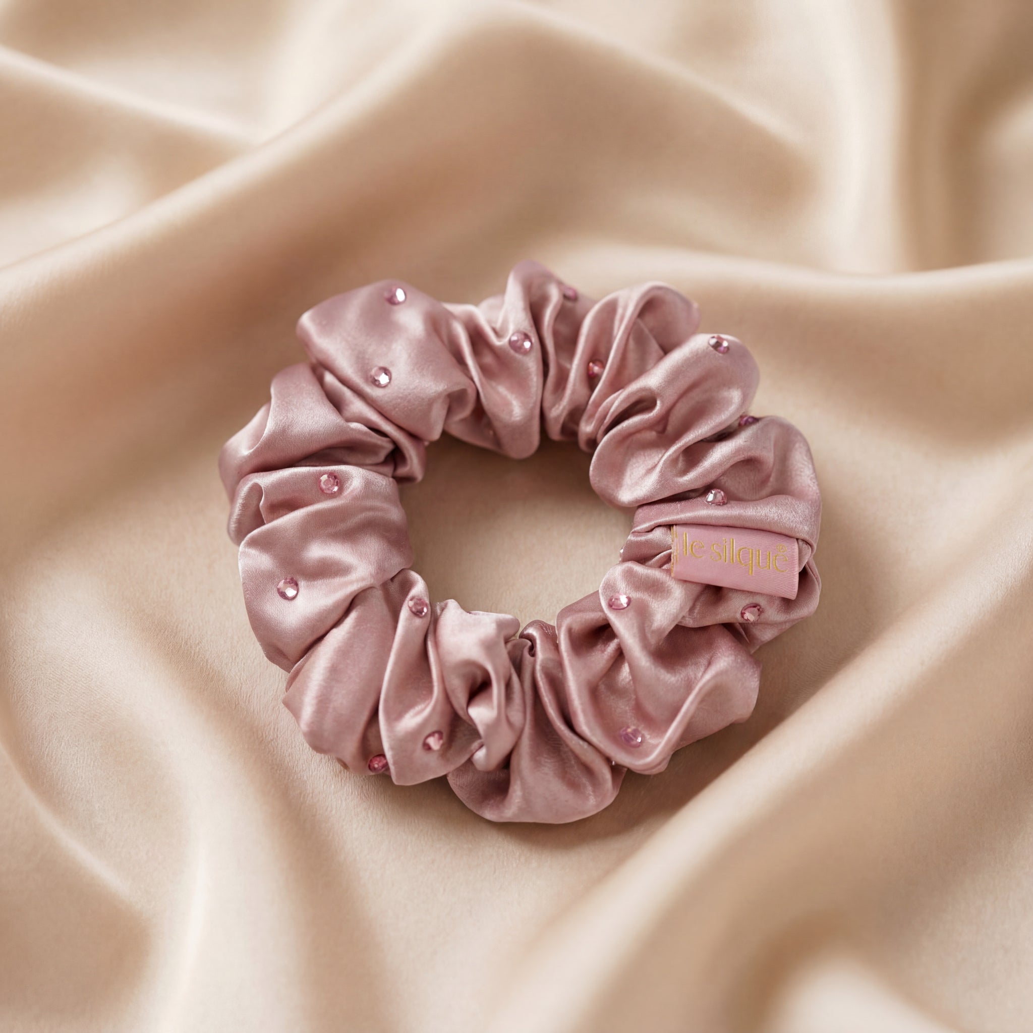 Silk Hair Scrunchie with SUGAR PINK Crystals | LE SILQUE