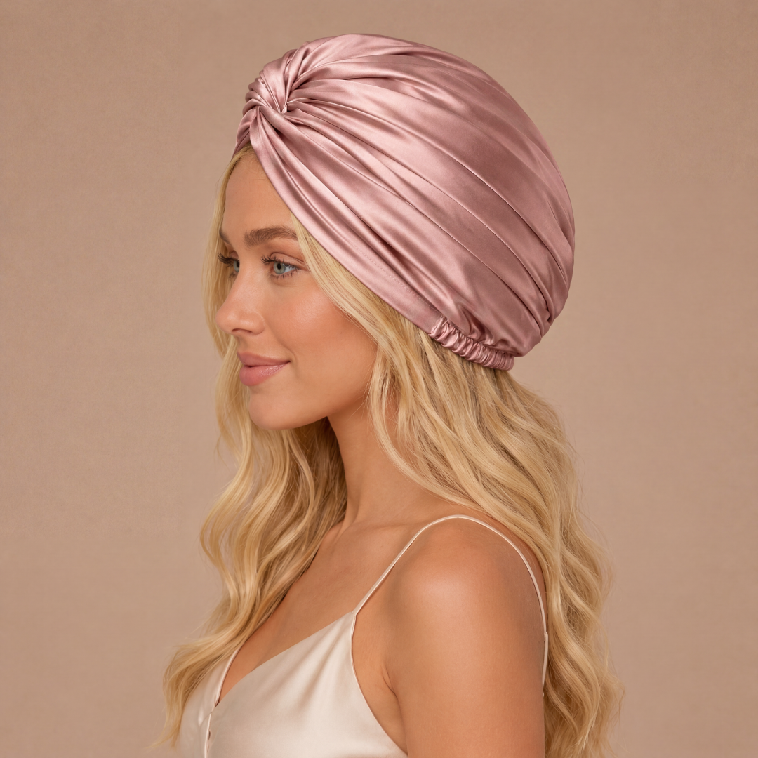 Jedwabny turban na włosy ROSE GOLD – 100% jedwab morwowy 22 momme | LE SILQUE