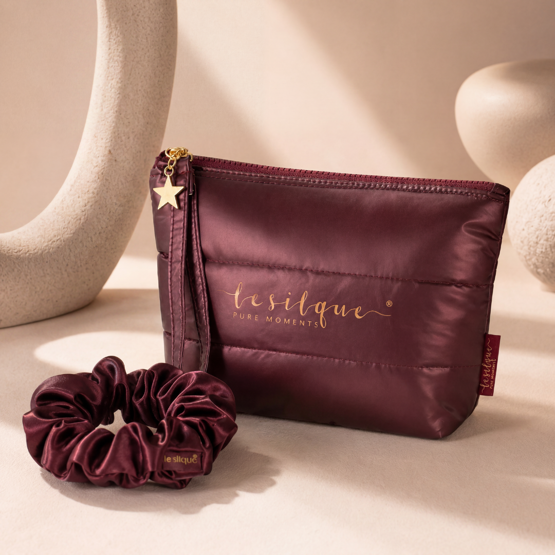 Zestaw beauty BURGUNDY – kosmetyczka, gumka i płatki pod oczy | LE SILQUE