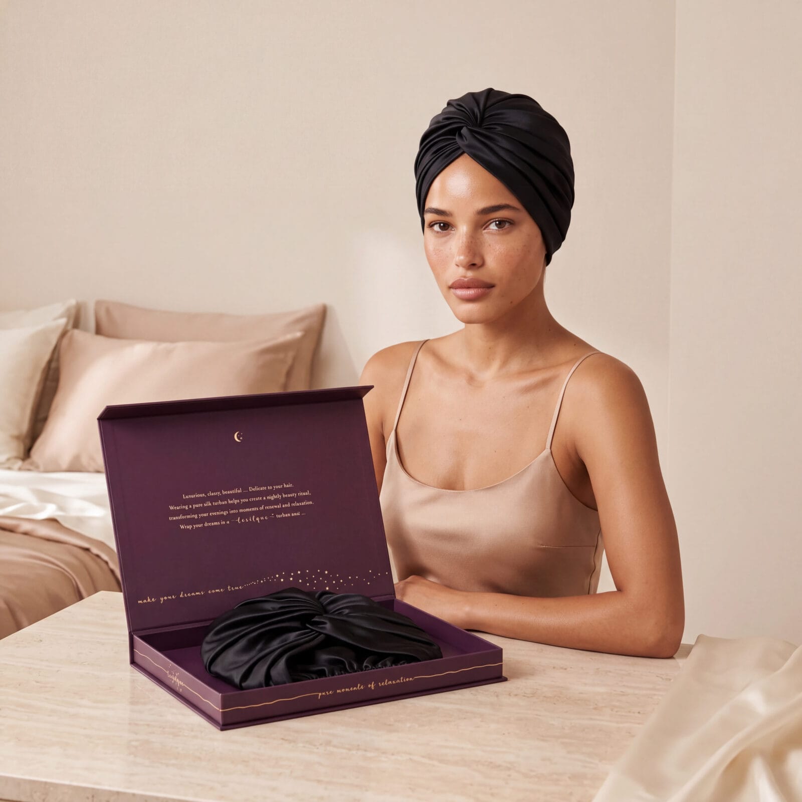 Jedwabny turban na włosy BLACK – 100% jedwab morwowy 22 momme | LE SILQUE